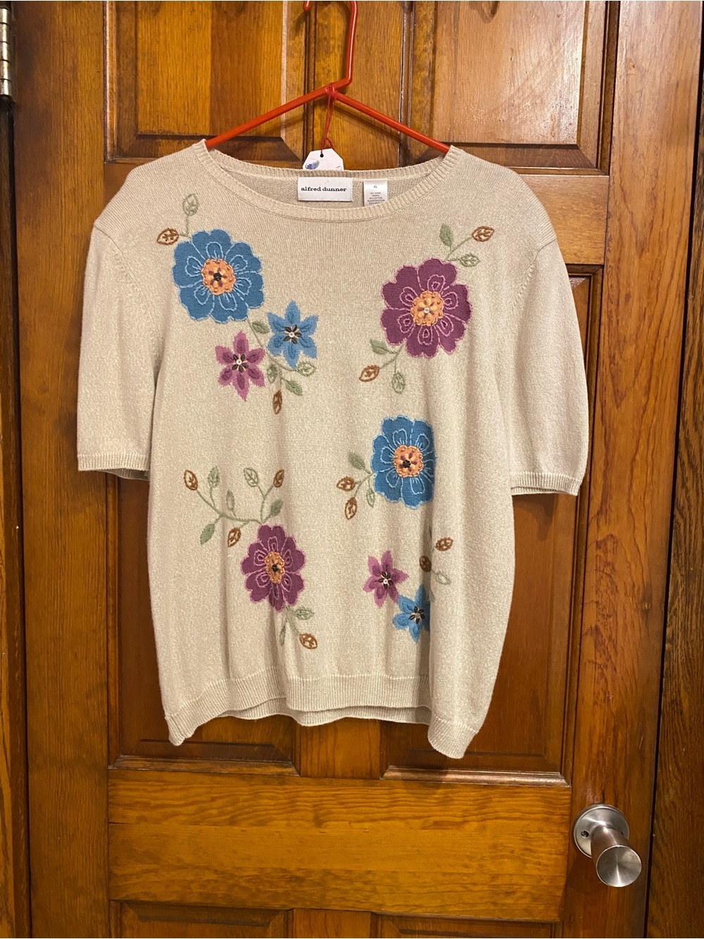 Alfred Dunner Cream Short Sleeve Sweater with Blue and Purple Floral Embroidery